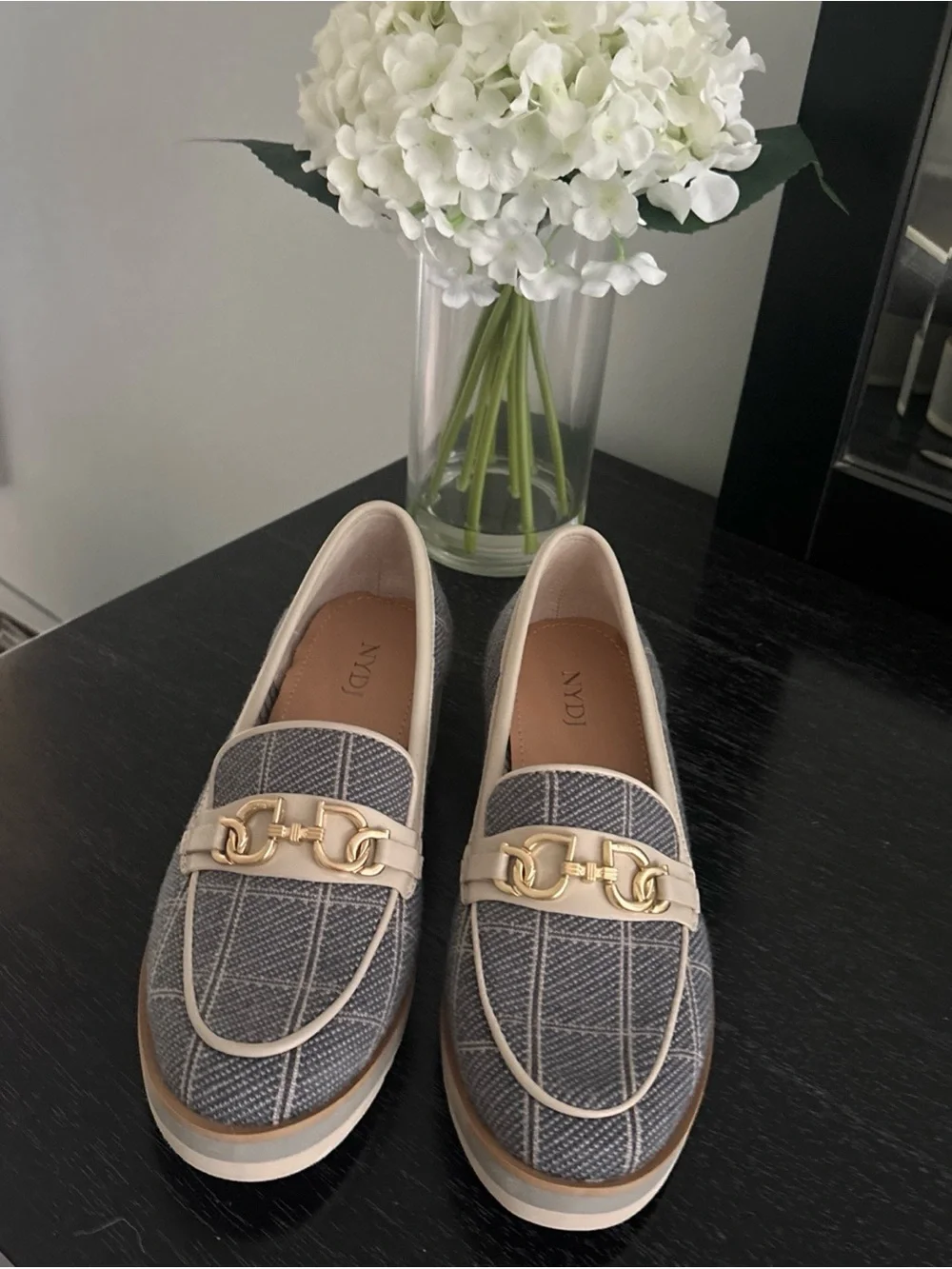 NYDJ Plaid Wedge Loafers in Gray and Cream with Gold Accent New Size 6 1/2 M